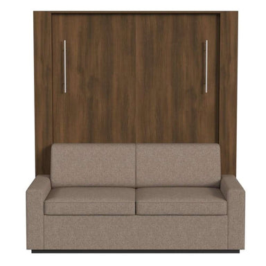 Modern Walnut Inovabed Wall Bed with Sofa and Wide Flex Cabinet seen head-on on a white background, closed with a two-seat beige sofa in front of the cabinet
