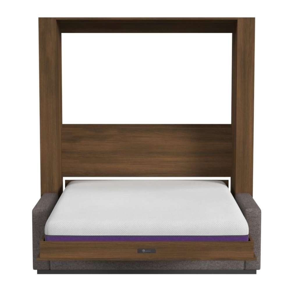 Modern Walnut Inovabed Wall Bed with Sofa and Wide Flex Cabinet seen head-on on a white background, opened with a bare mattress showing a purple band and a gray sofa base