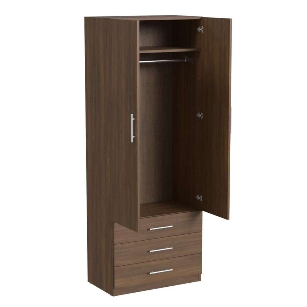 Modern Walnut Inovabed Wall Bed with Sofa and Wide Flex Cabinet showing the Wide Flex Cabinet at an angle on a white background with one door open on a wardrobe rod above three drawers