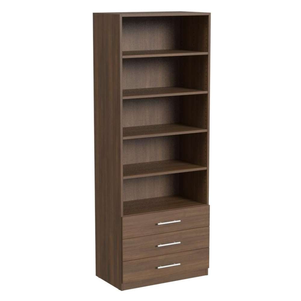 Modern Walnut Inovabed Wall Bed with Sofa and Wide Flex Cabinet showing the Wide Flex Cabinet at an angle on a white background with the doors removed, revealing five open shelves above three drawers
