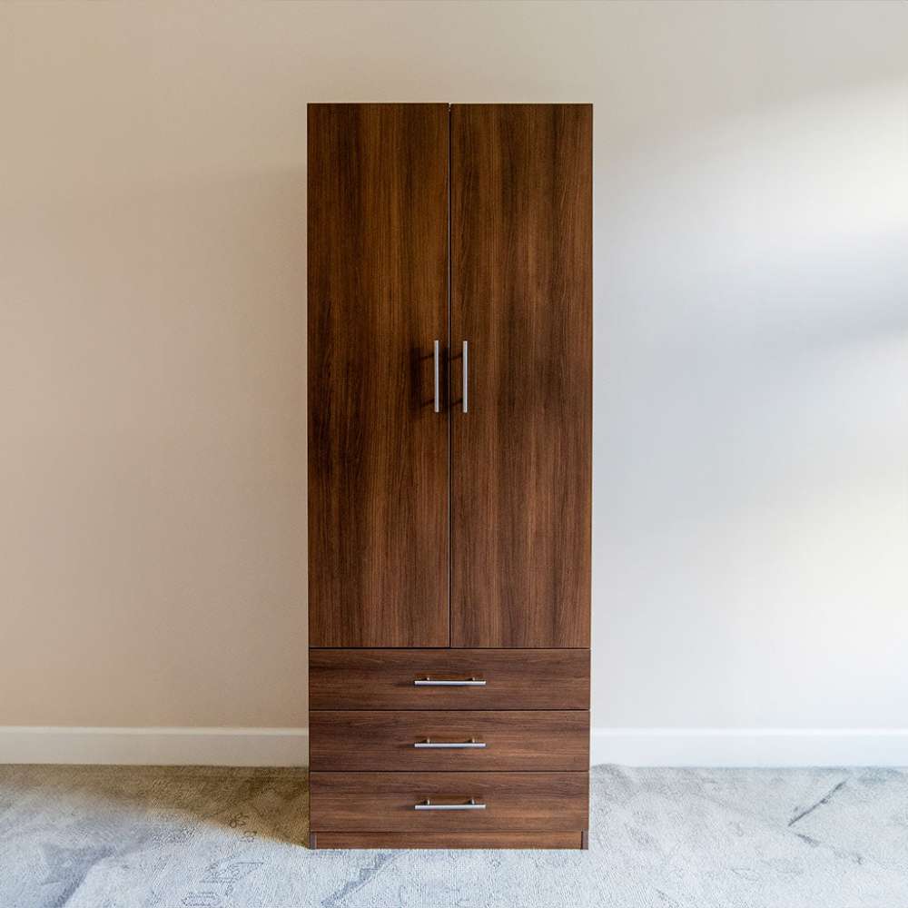 Modern Walnut Inovabed Wall Bed with Sofa and Wide Flex Cabinet showing the Wide Flex Cabinet closed against a wall in a carpeted room