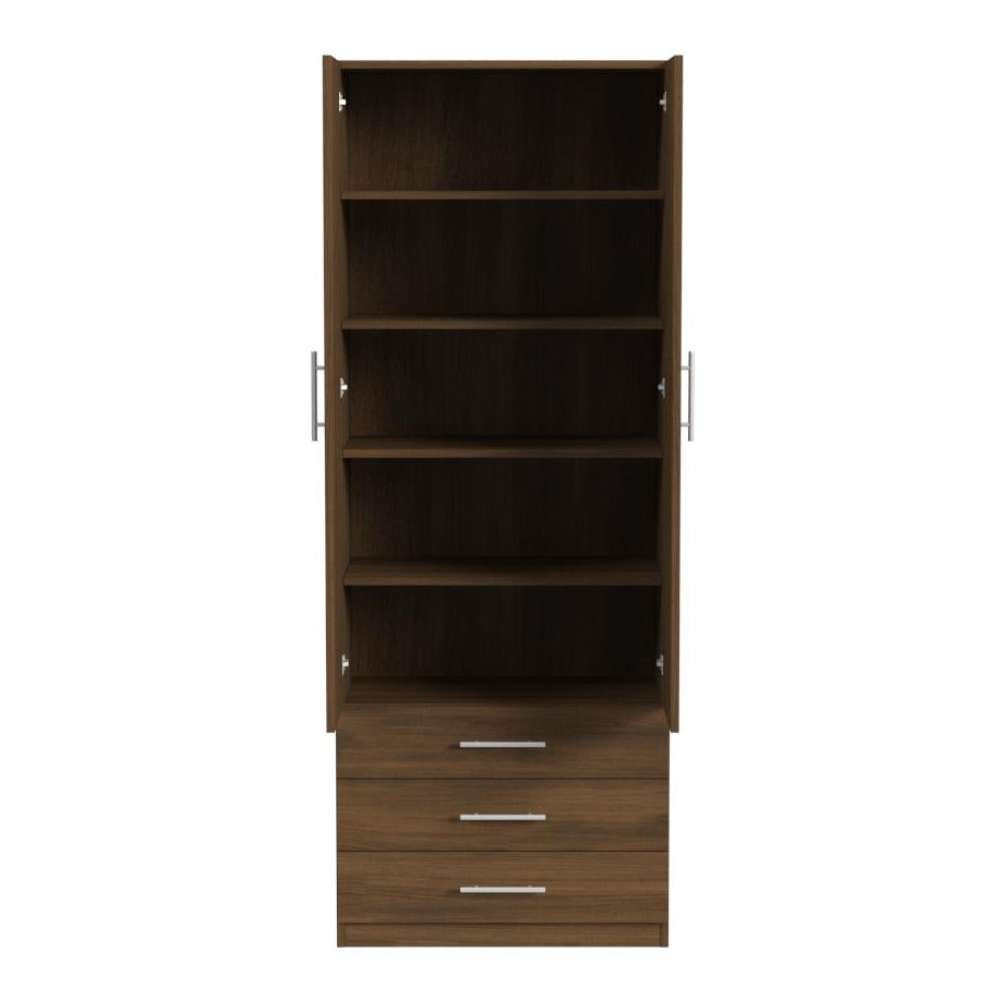 Modern Walnut Inovabed Wall Bed with Sofa and Wide Flex Cabinet showing the Wide Flex Cabinet head-on on a white background with both doors open on four shelves above three drawers