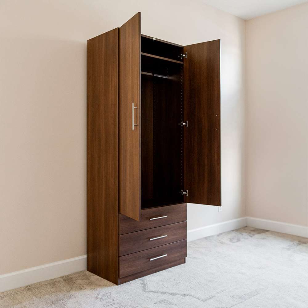 Modern Walnut Inovabed Wall Bed with Sofa and Wide Flex Cabinet showing the Wide Flex Cabinet open at an angle in a room, with an empty wardrobe rod and three drawers below