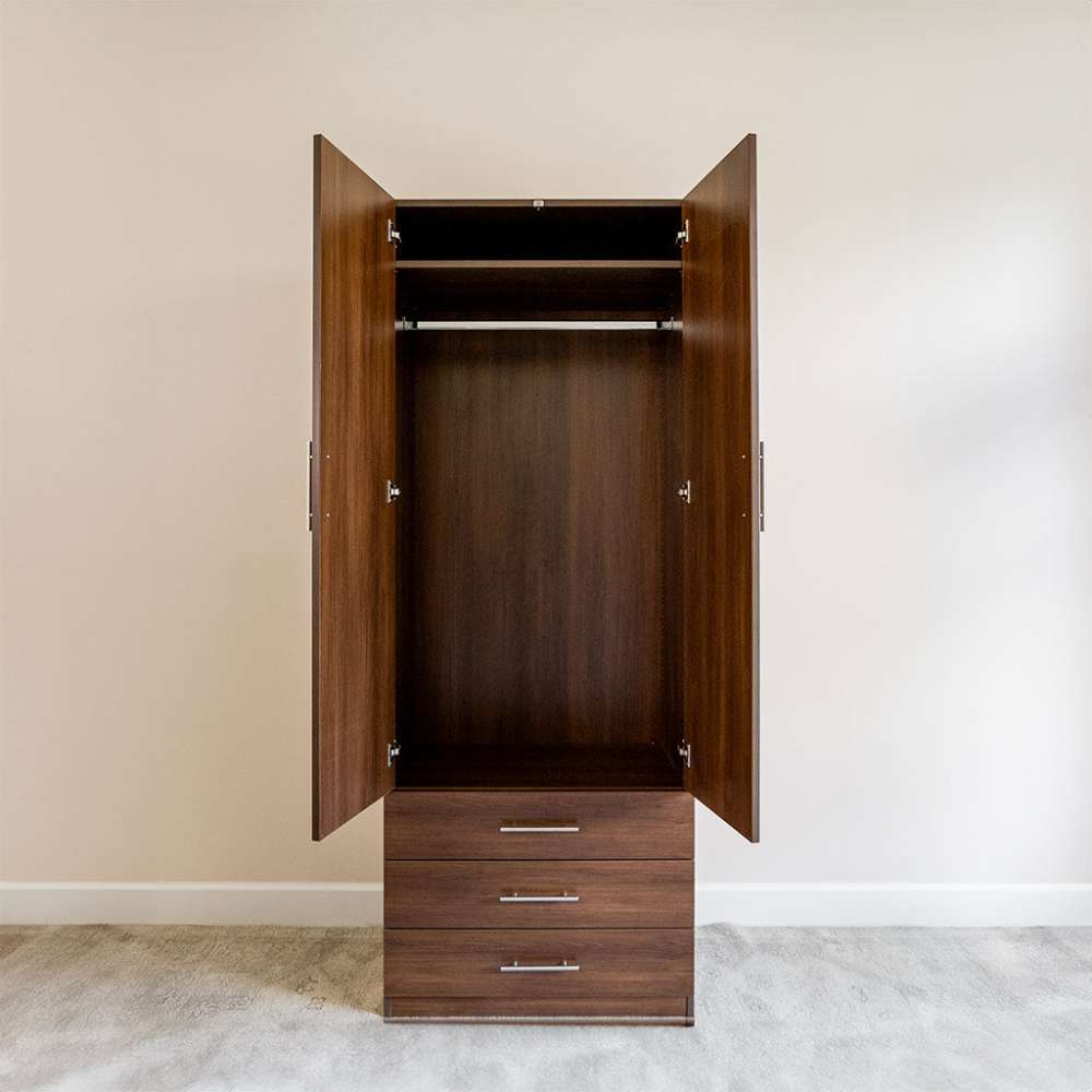 Modern Walnut Inovabed Wall Bed with Sofa and Wide Flex Cabinet showing the Wide Flex Cabinet open head-on in a room, with a wardrobe rod and a shelf above it