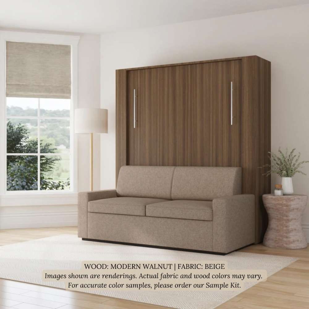 Modern Walnut Inovabed Wall Bed with Sofa closed as a sofa in a bright room with a roman shade and a floor lamp, captioned wood Modern Walnut and fabric Beige