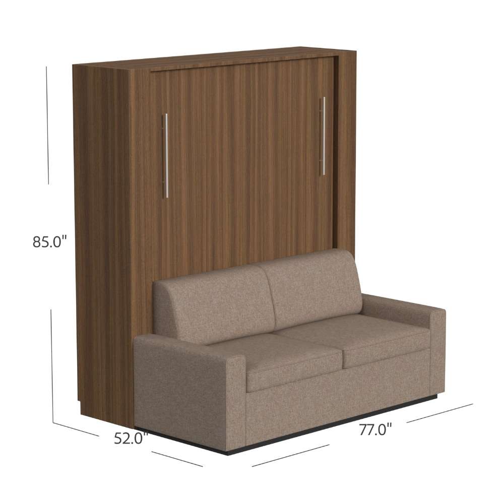 Modern Walnut Inovabed Wall Bed with Sofa closed as a sofa with dimension labels reading 85 inches high, 52 inches deep and 77 inches wide