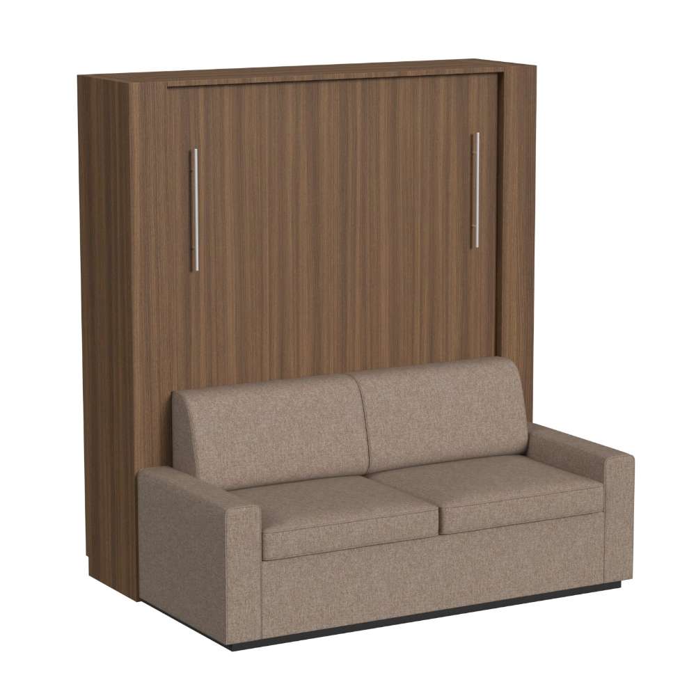 Modern Walnut Inovabed Wall Bed with Sofa closed on a white background, showing the two-seat beige sofa in front of the cabinet and two slim silver handles