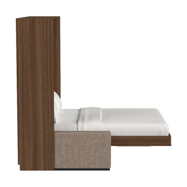 Modern Walnut Inovabed Wall Bed with Sofa in side profile on a white background, opened with the mattress extended over the beige sofa base