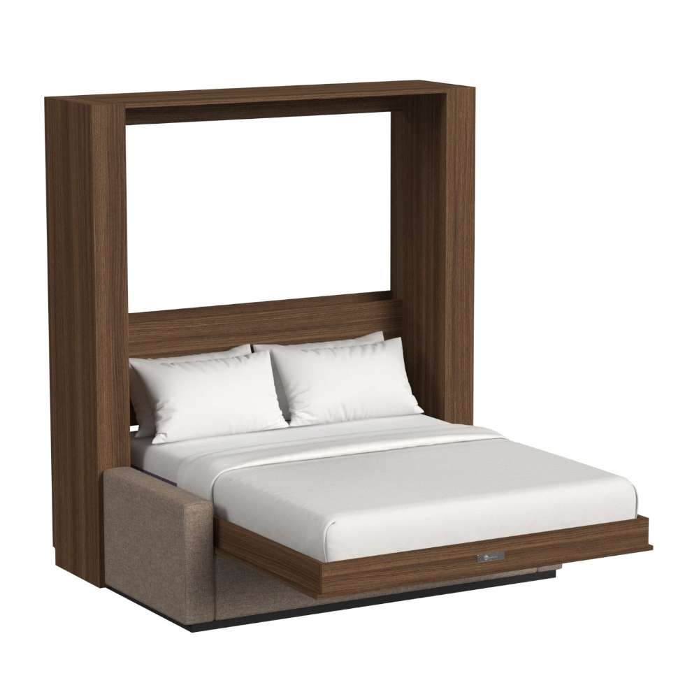 Modern Walnut Inovabed Wall Bed with Sofa seen head-on on a white background, opened with two white pillows, white bedding and the beige sofa base still in place at the foot