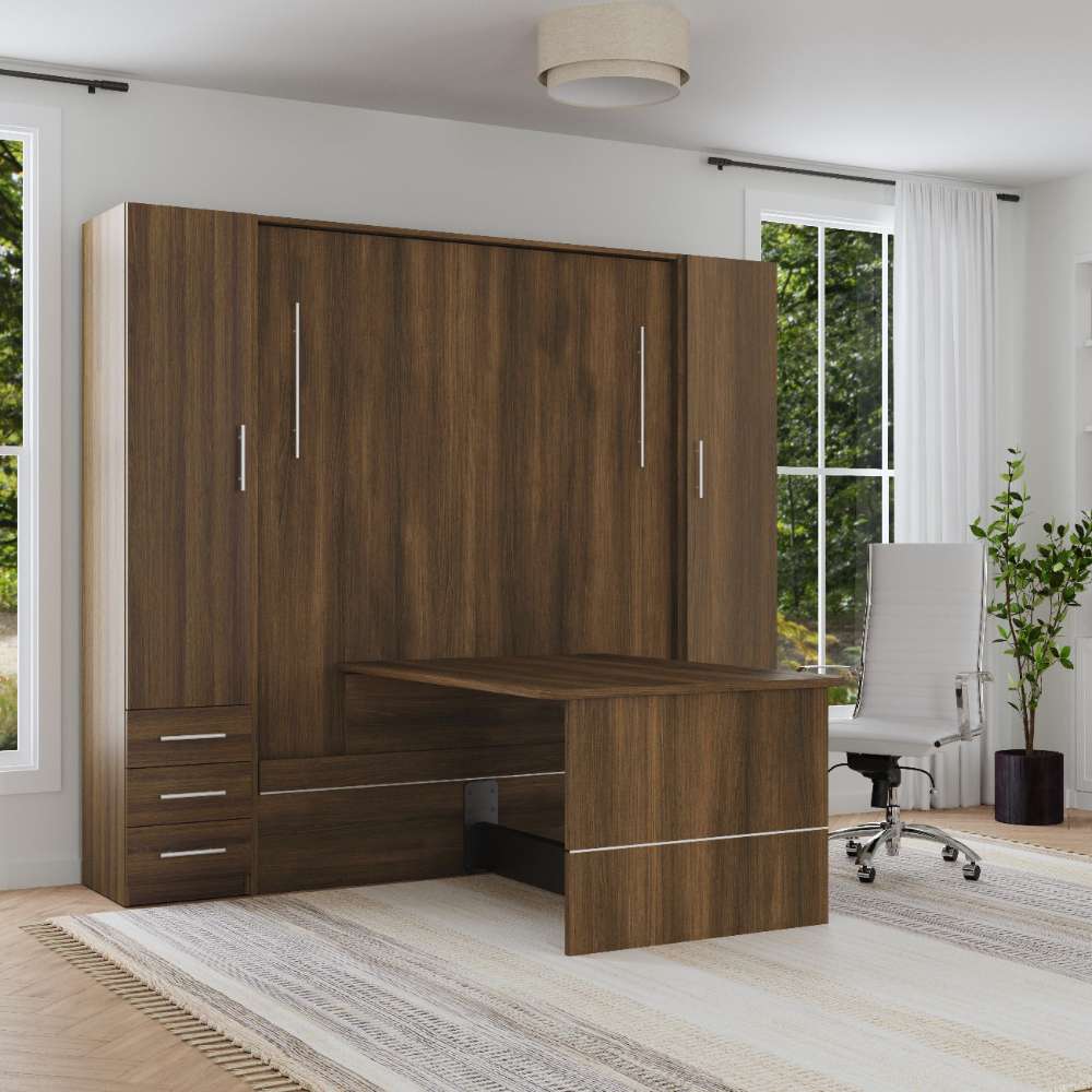 Modern Walnut Inovabed Wall Bed with Table and Two Narrow Flex Cabinets closed in a bright room with the table extended, a white office chair and both cabinet doors shut