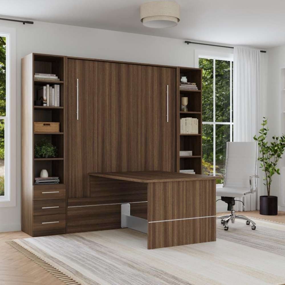 Modern Walnut Inovabed Wall Bed with Table and Two Narrow Flex Cabinets closed in a bright room with the table extended, a white office chair and the cabinet shelves on show