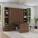 Modern Walnut Inovabed Wall Bed with Table and Two Narrow Flex Cabinets closed in a bright room with the table extended, a white office chair and the cabinet shelves on show