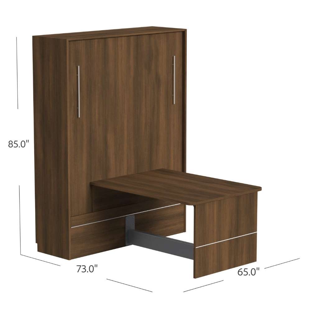 Modern Walnut Inovabed Wall Bed with Table and Two Narrow Flex Cabinets closed in table position with dimension labels reading 85 inches high, 73 inches deep and 65 inches wide