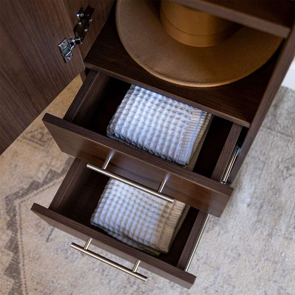 Modern Walnut Inovabed Wall Bed with Table and Two Narrow Flex Cabinets in close-up with two Narrow Flex Cabinet drawers pulled open on folded towels and a hat resting above
