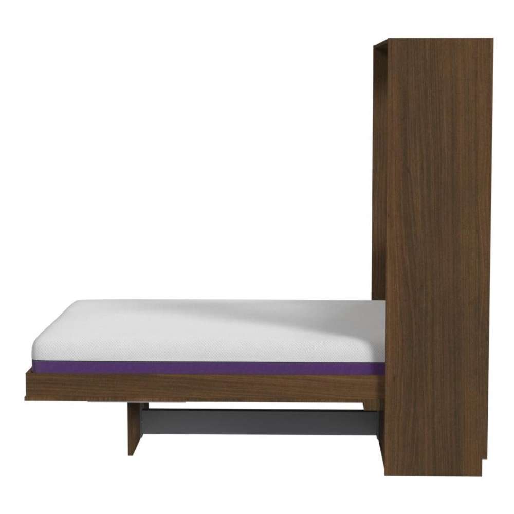 Modern Walnut Inovabed Wall Bed with Table and Two Narrow Flex Cabinets in side profile on a white background, opened with a bare mattress above a dark footrest bar