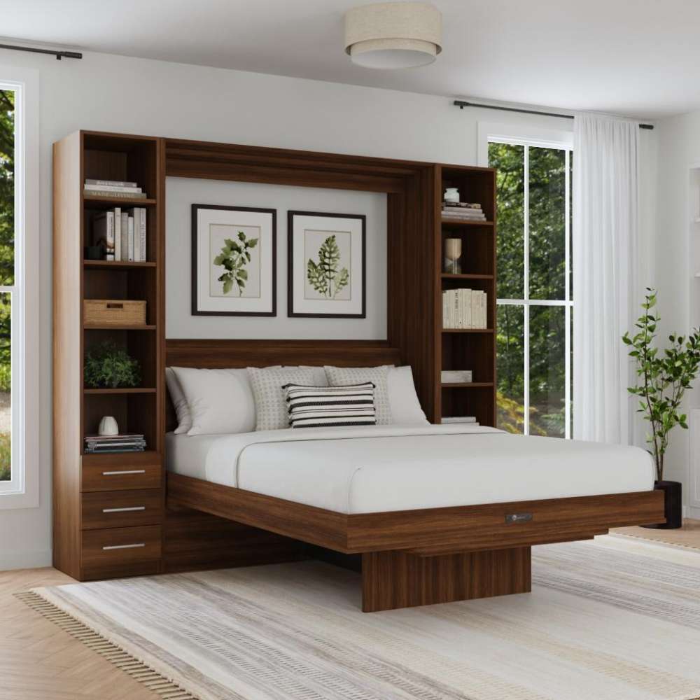 Modern Walnut Inovabed Wall Bed with Table and Two Narrow Flex Cabinets opened in a bright room between the two cabinets, with white bedding and two framed botanical prints above the headboard