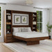 Modern Walnut Inovabed Wall Bed with Table and Two Narrow Flex Cabinets opened in a bright room between the two cabinets, with white bedding and two framed botanical prints above the headboard