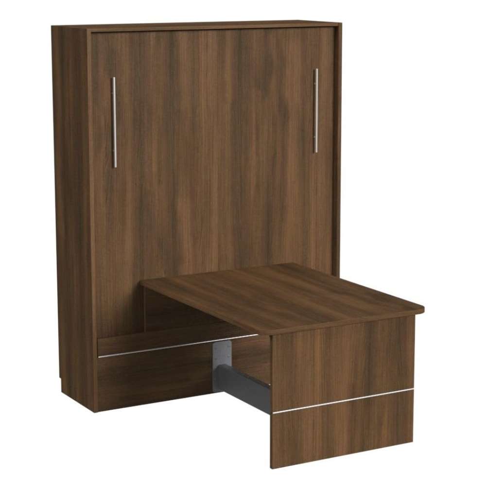 Modern Walnut Inovabed Wall Bed with Table and Two Narrow Flex Cabinets photographed at an angle on a white background, closed with the table extended and no side cabinets in shot