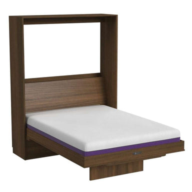 Modern Walnut Inovabed Wall Bed with Table and Two Narrow Flex Cabinets photographed at an angle on a white background, opened with a bare mattress and the folded table below the foot