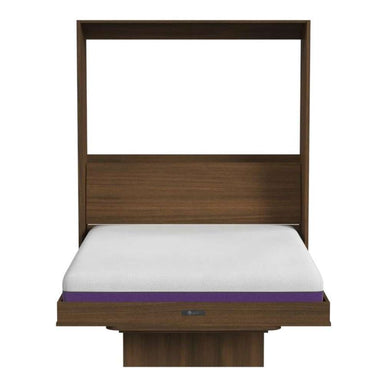 Modern Walnut Inovabed Wall Bed with Table and Two Narrow Flex Cabinets seen head-on on a white background, opened with a bare mattress showing a purple band along its edge