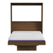 Modern Walnut Inovabed Wall Bed with Table and Two Narrow Flex Cabinets seen head-on on a white background, opened with a bare mattress showing a purple band along its edge