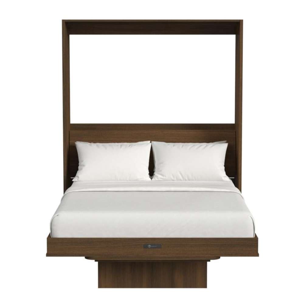 Modern Walnut Inovabed Wall Bed with Table and Two Narrow Flex Cabinets seen head-on on a white background, opened with two white pillows and white bedding