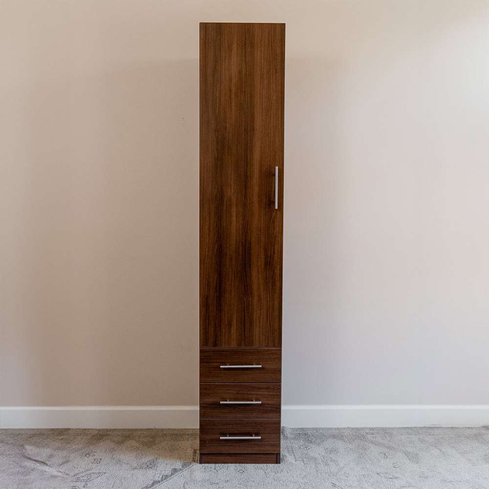 Modern Walnut Inovabed Wall Bed with Table and Two Narrow Flex Cabinets showing one Narrow Flex Cabinet closed against a wall, with a tall door above three drawers