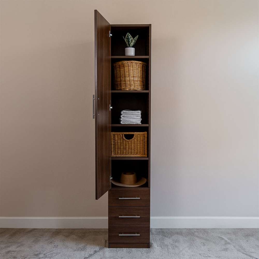 Modern Walnut Inovabed Wall Bed with Table and Two Narrow Flex Cabinets showing one Narrow Flex Cabinet open and styled with woven baskets, folded towels, a hat and a small plant