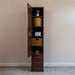 Modern Walnut Inovabed Wall Bed with Table and Two Narrow Flex Cabinets showing one Narrow Flex Cabinet open and styled with woven baskets, folded towels, a hat and a small plant