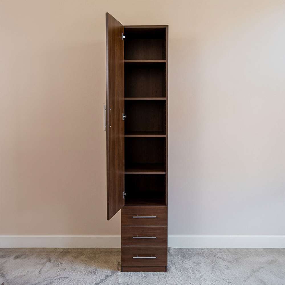 Modern Walnut Inovabed Wall Bed with Table and Two Narrow Flex Cabinets showing one Narrow Flex Cabinet with its door open on empty shelves above three closed drawers