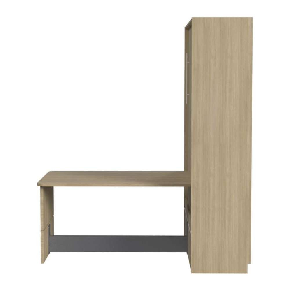 Natural Oak Inovabed Murphy Bed with Desk in side profile on a white background, closed with the tabletop projecting forward above a dark footrest bar