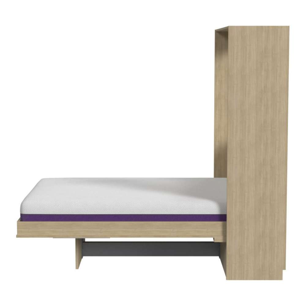 Natural Oak Inovabed Murphy Bed with Desk in side profile on a white background, opened with a bare mattress and the black metal footrest bar visible under the cabinet
