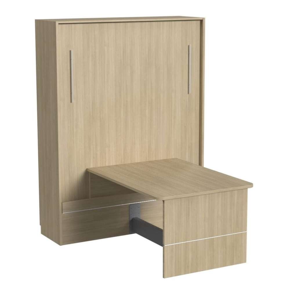 Natural Oak Inovabed Murphy Bed with Desk photographed at an angle on a white background, closed with the table extended and the footrest panel visible underneath