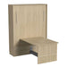 Natural Oak Inovabed Murphy Bed with Desk photographed at an angle on a white background, closed with the table extended and the footrest panel visible underneath