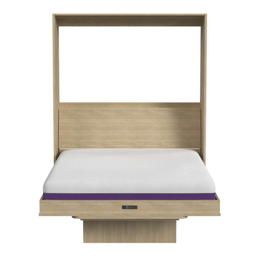 Natural Oak Inovabed Murphy Bed with Desk seen head-on on a white background, opened with a bare white mattress showing a purple band along its edge