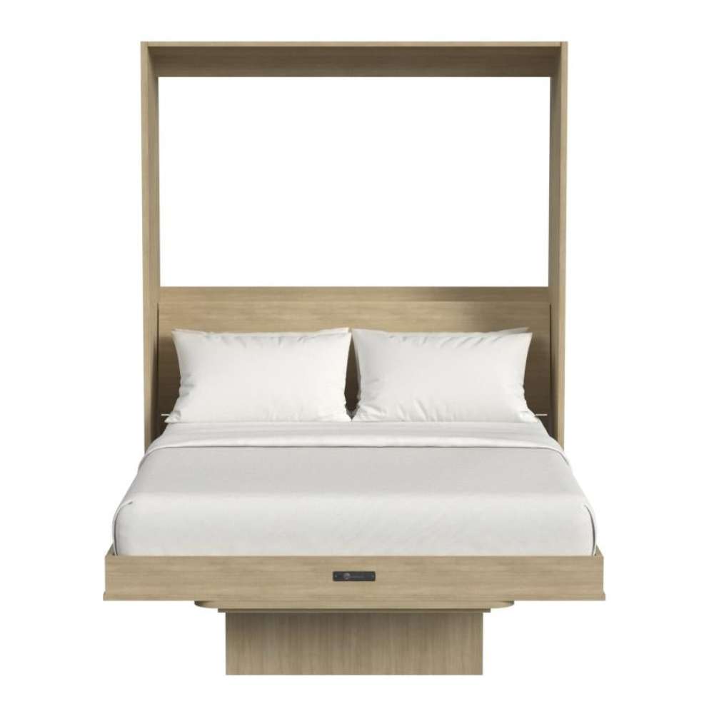 Natural Oak Inovabed Murphy Bed with Desk seen head-on on a white background, opened with two white pillows, white bedding and the folded table below the foot of the bed