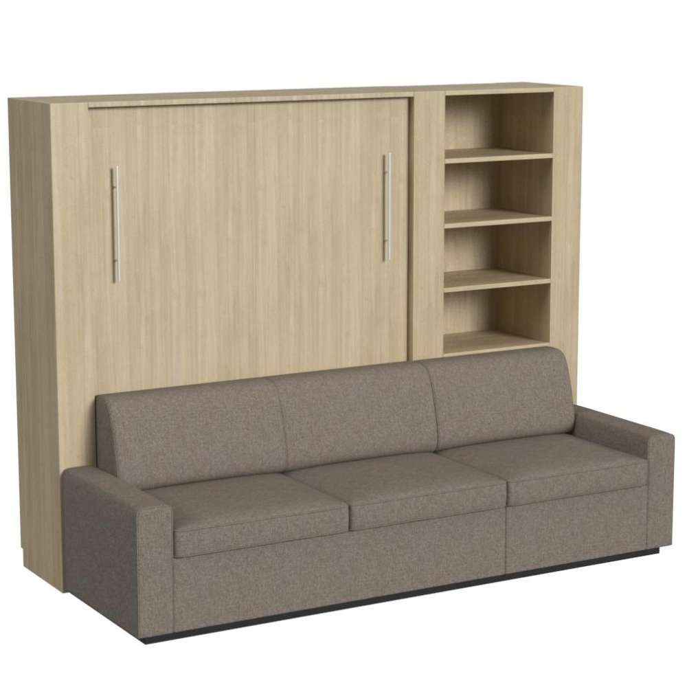 Natural Oak Inovabed Wall Bed with Extended Sofa angled view of the unit closed as a sofa with the side bookcase