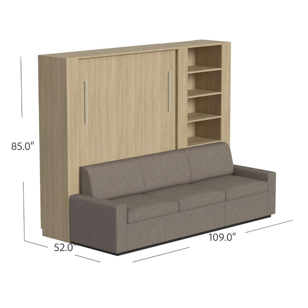 Natural Oak Inovabed Wall Bed with Extended Sofa dimension diagram of the unit closed as a sofa with the side bookcase, labeled 85.0 inches high, 52.0 inches deep and 109.0 inches wide