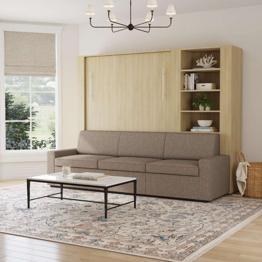 Natural Oak Inovabed Wall Bed with Extended Sofa styled living room with the unit closed as a sofa under a chandelier