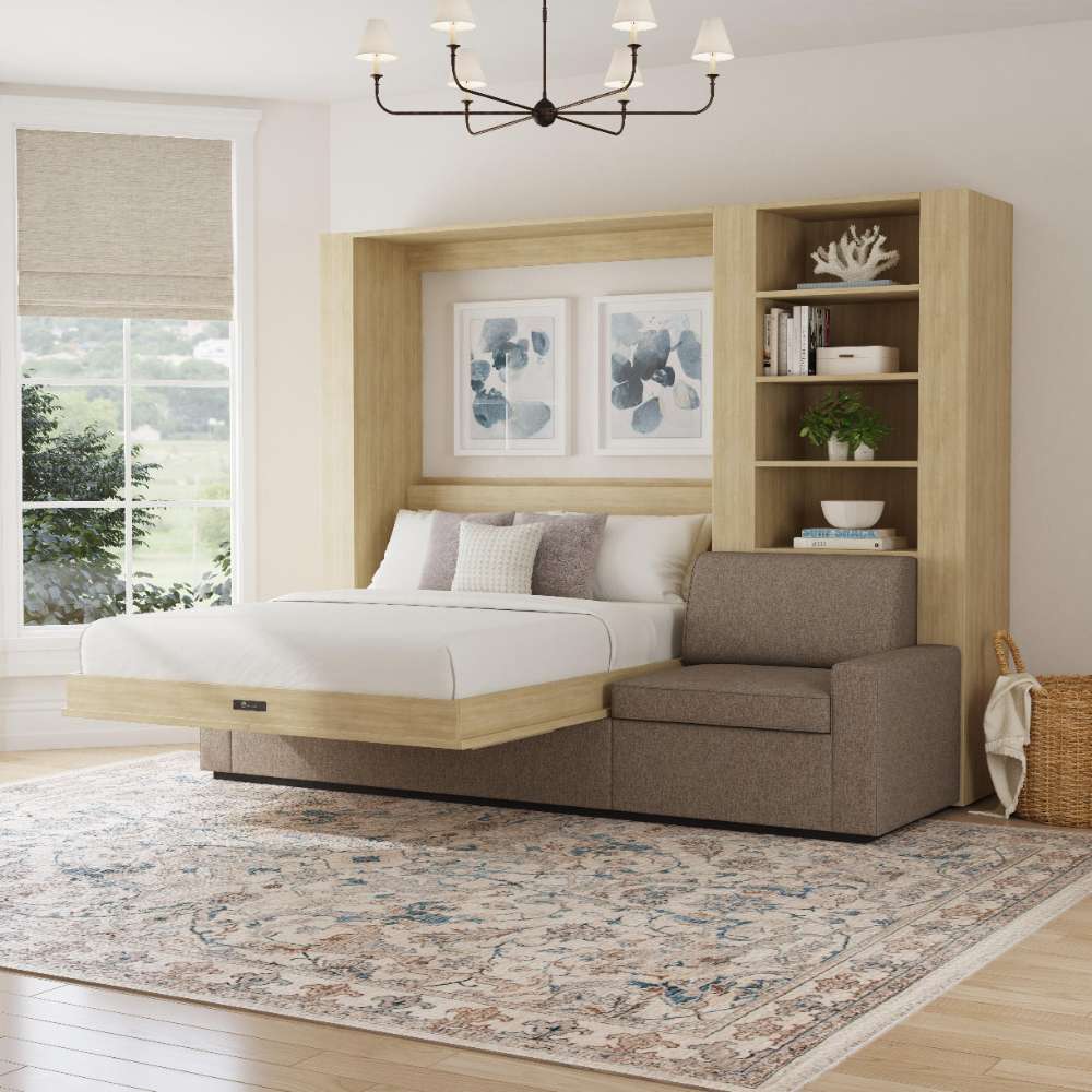 Natural Oak Inovabed Wall Bed with Extended Sofa styled room with the bed lowered under a chandelier