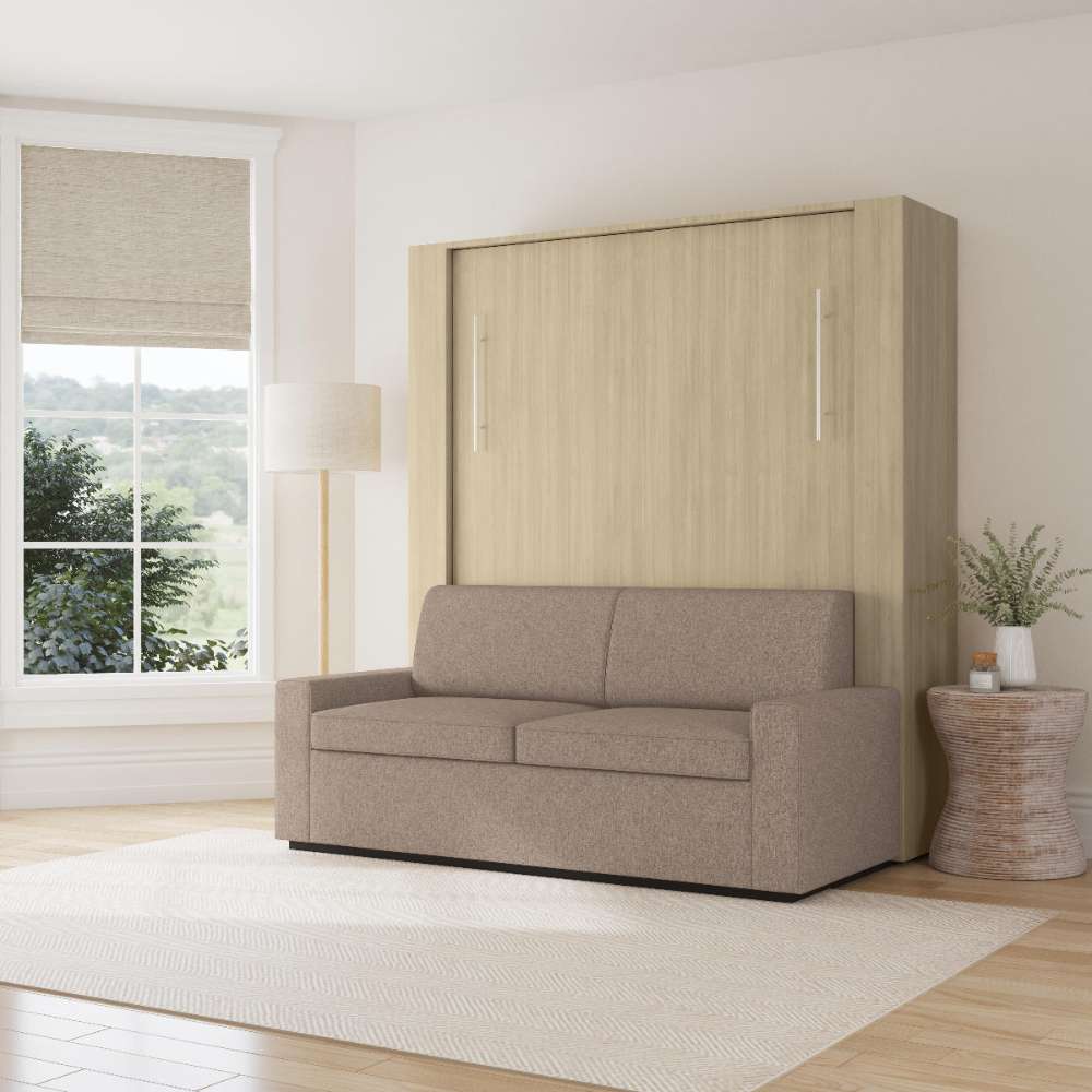 Natural Oak Inovabed Wall Bed with Sofa and Two Nightstands closed as a beige sofa in a bright room with a roman shade, a floor lamp and a woven side table