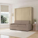 Natural Oak Inovabed Wall Bed with Sofa and Two Nightstands closed as a beige sofa in a bright room with a roman shade, a floor lamp and a woven side table