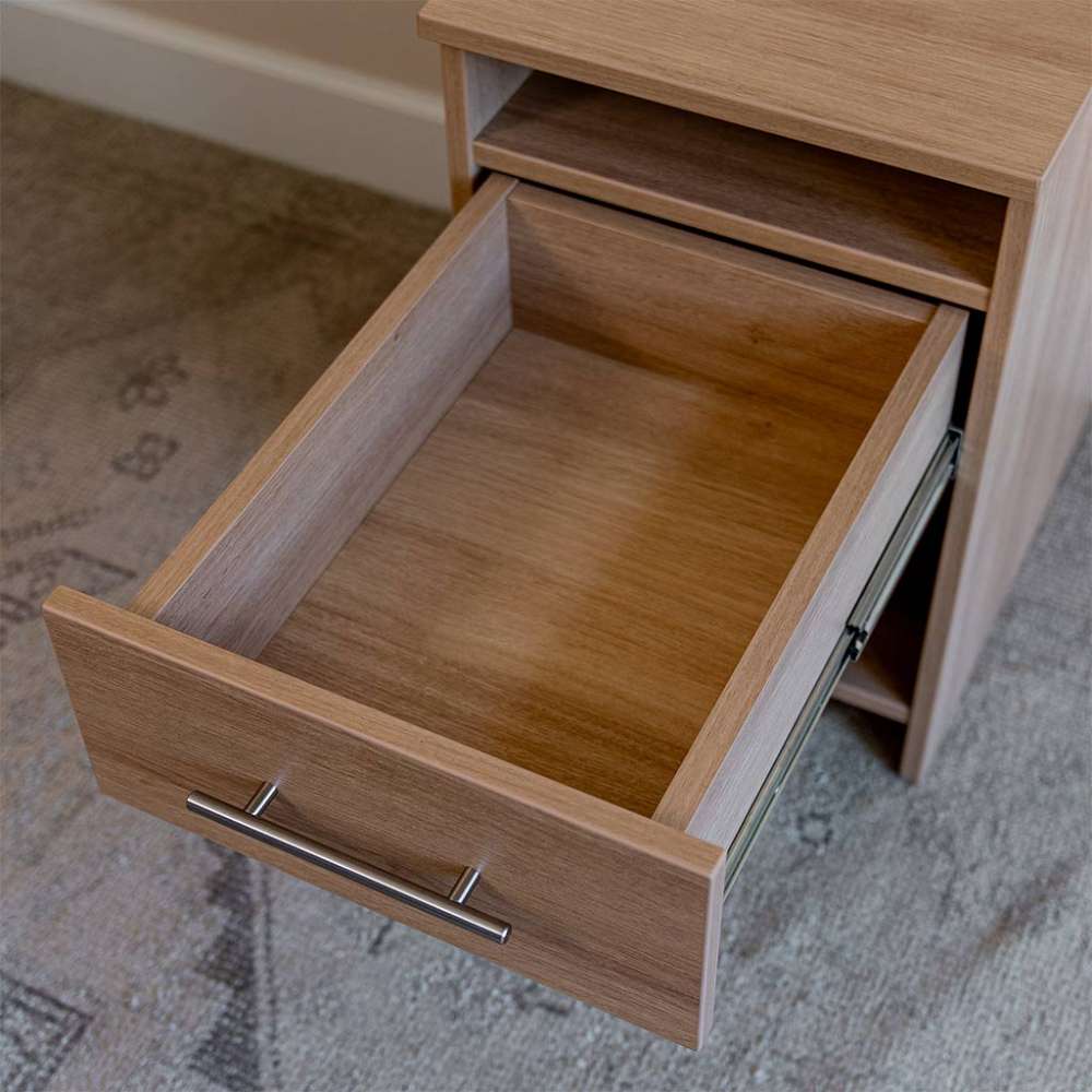 Natural Oak Inovabed Wall Bed with Sofa and Two Nightstands in close-up with a nightstand drawer pulled open and empty