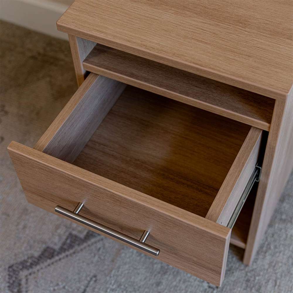 Natural Oak Inovabed Wall Bed with Sofa and Two Nightstands in close-up with a nightstand drawer pulled open, showing the empty interior and full-extension slide