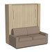 Natural Oak Inovabed Wall Bed with Sofa and Two Nightstands photographed at an angle on a white background, closed with a two-seat beige sofa in front of the cabinet