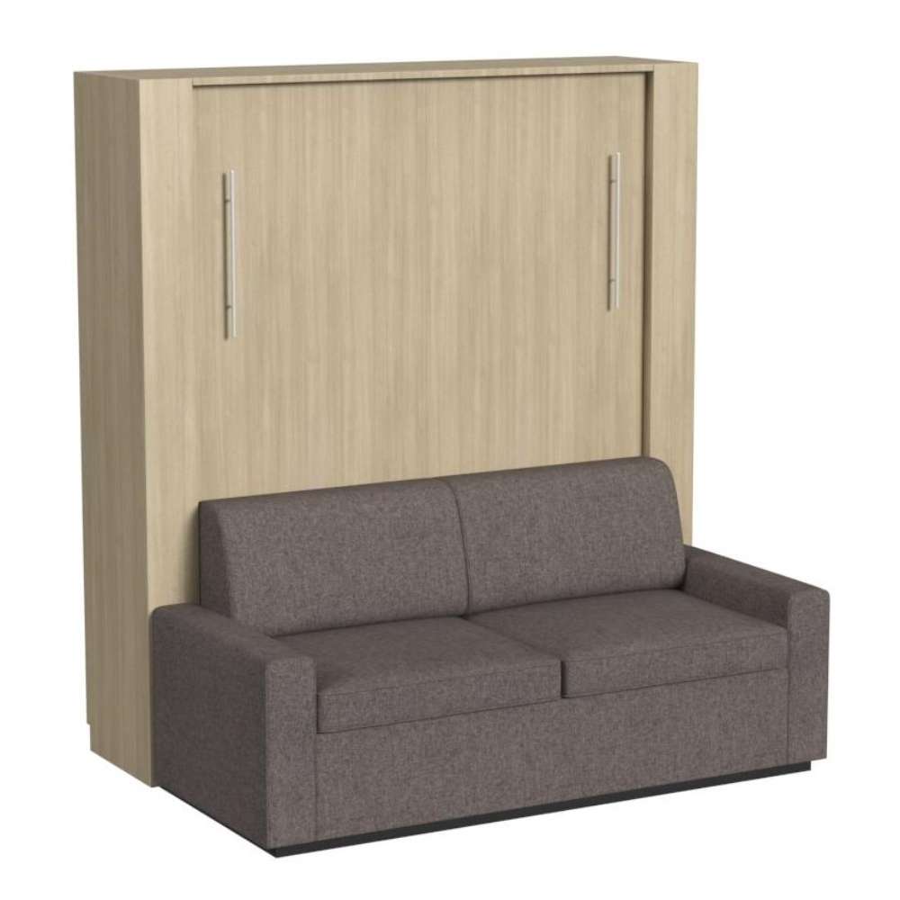 Natural Oak Inovabed Wall Bed with Sofa and Two Nightstands photographed at an angle on a white background, closed with a two-seat gray sofa in front of the cabinet