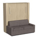 Natural Oak Inovabed Wall Bed with Sofa and Two Nightstands photographed at an angle on a white background, closed with a two-seat gray sofa in front of the cabinet