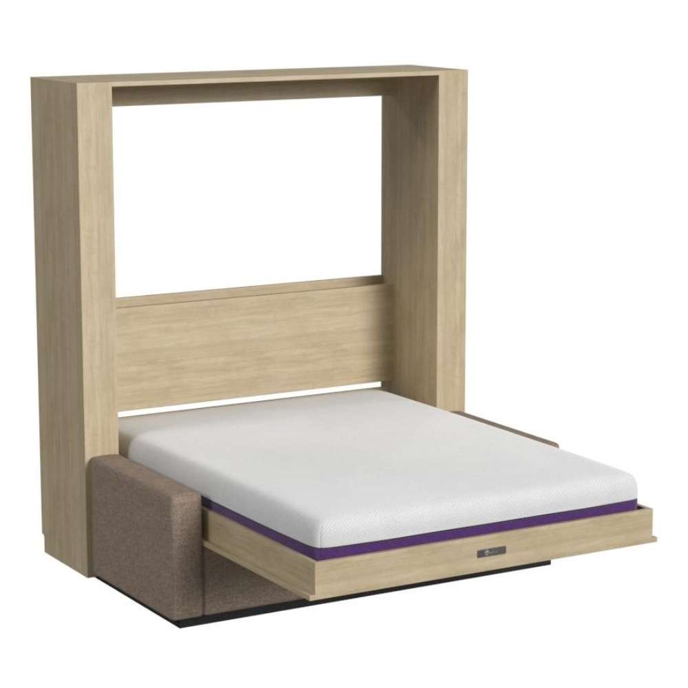 Natural Oak Inovabed Wall Bed with Sofa and Two Nightstands photographed at an angle on a white background, opened with a bare mattress showing a purple band along its edge