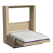 Natural Oak Inovabed Wall Bed with Sofa and Two Nightstands photographed at an angle on a white background, opened with a bare mattress showing a purple band along its edge