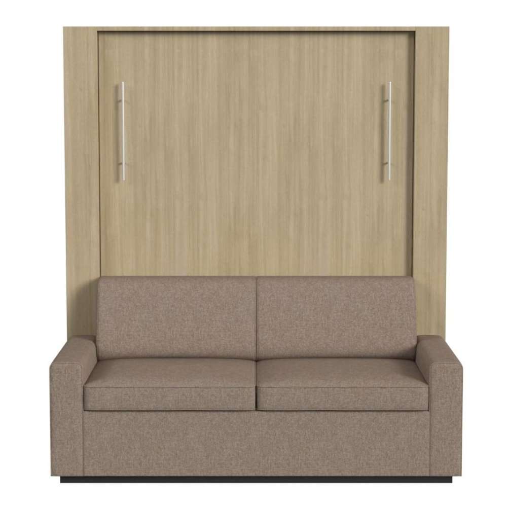 Natural Oak Inovabed Wall Bed with Sofa and Two Nightstands seen head-on on a white background, closed with a two-seat beige sofa in front of the cabinet